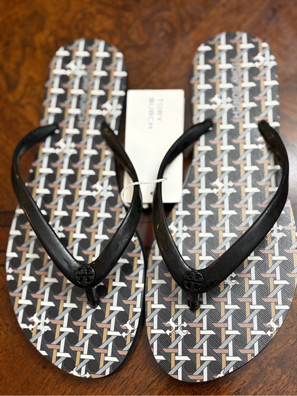 Tory Burch Men’s Black Strappy Flip Flops with Patterned Footbed
